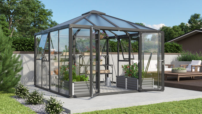 Vitavia Gewächshaus Fortuna 10200, ESG 3mm / HKP 10 mm, Schwarz , inkl. intergriertes Bodenprofil