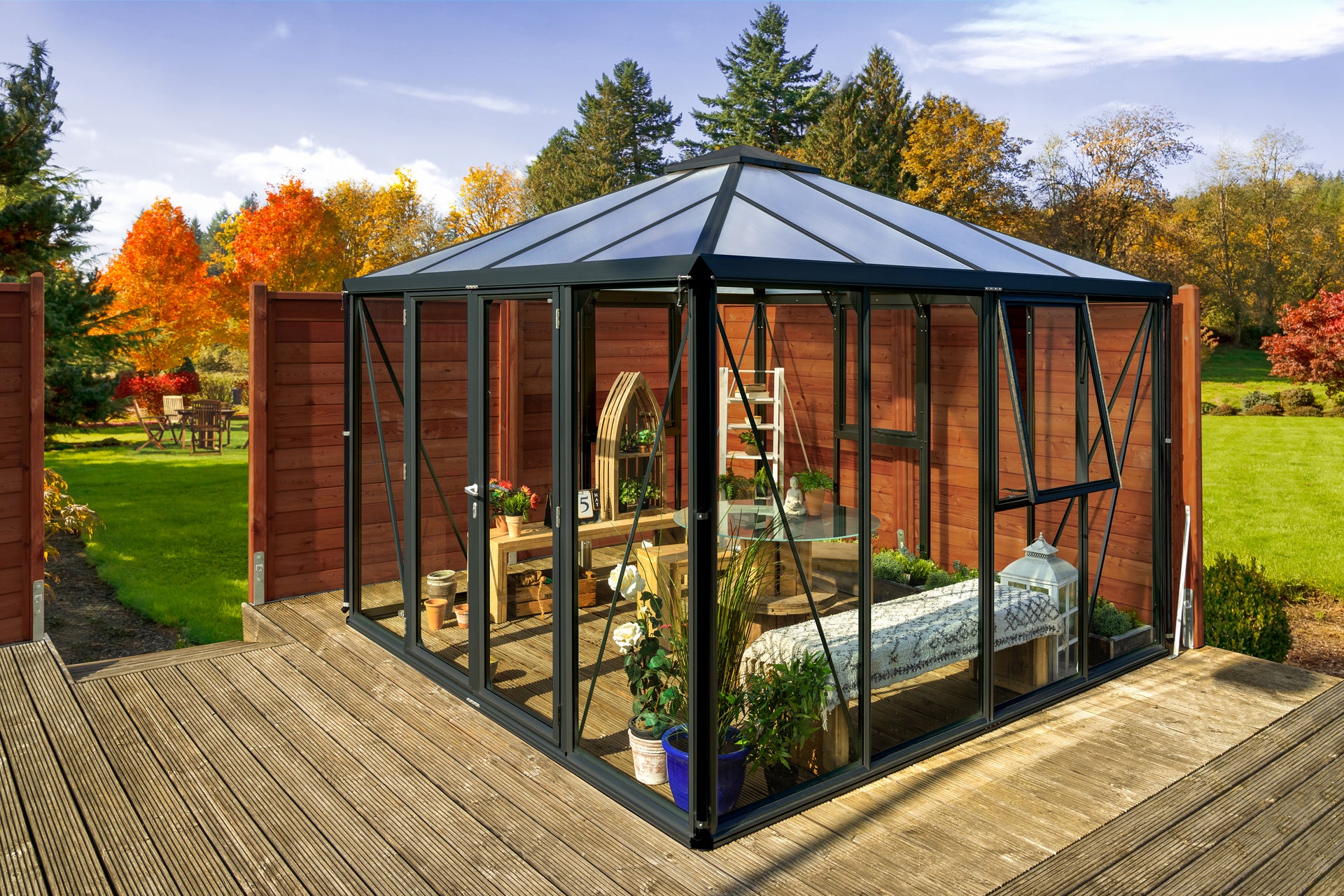 Vitavia Gewächshaus Fortuna 10200, ESG 3mm / HKP 10 mm, Schwarz , inkl. intergriertes Bodenprofil