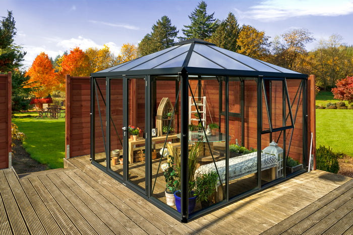 Vitavia Gewächshaus Fortuna 10200, ESG 3mm / HKP 10 mm, Schwarz , inkl. intergriertes Bodenprofil