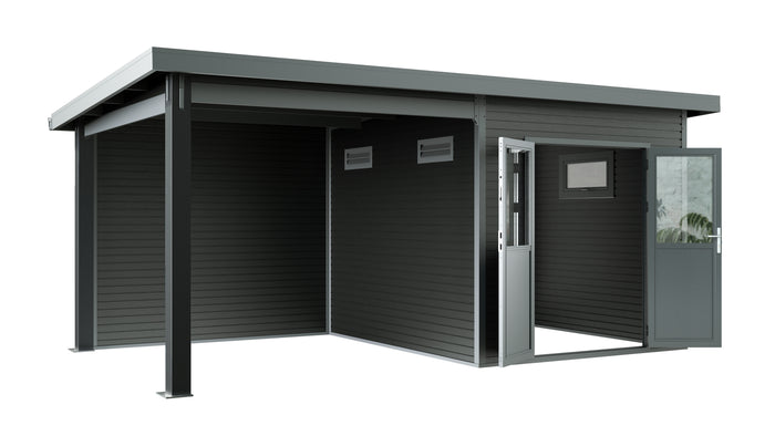 WPC Gartenhaus Linia 5228 mit Anbaudach und Rückwand, inkl. Dachrinnen-Set, Anthrazit