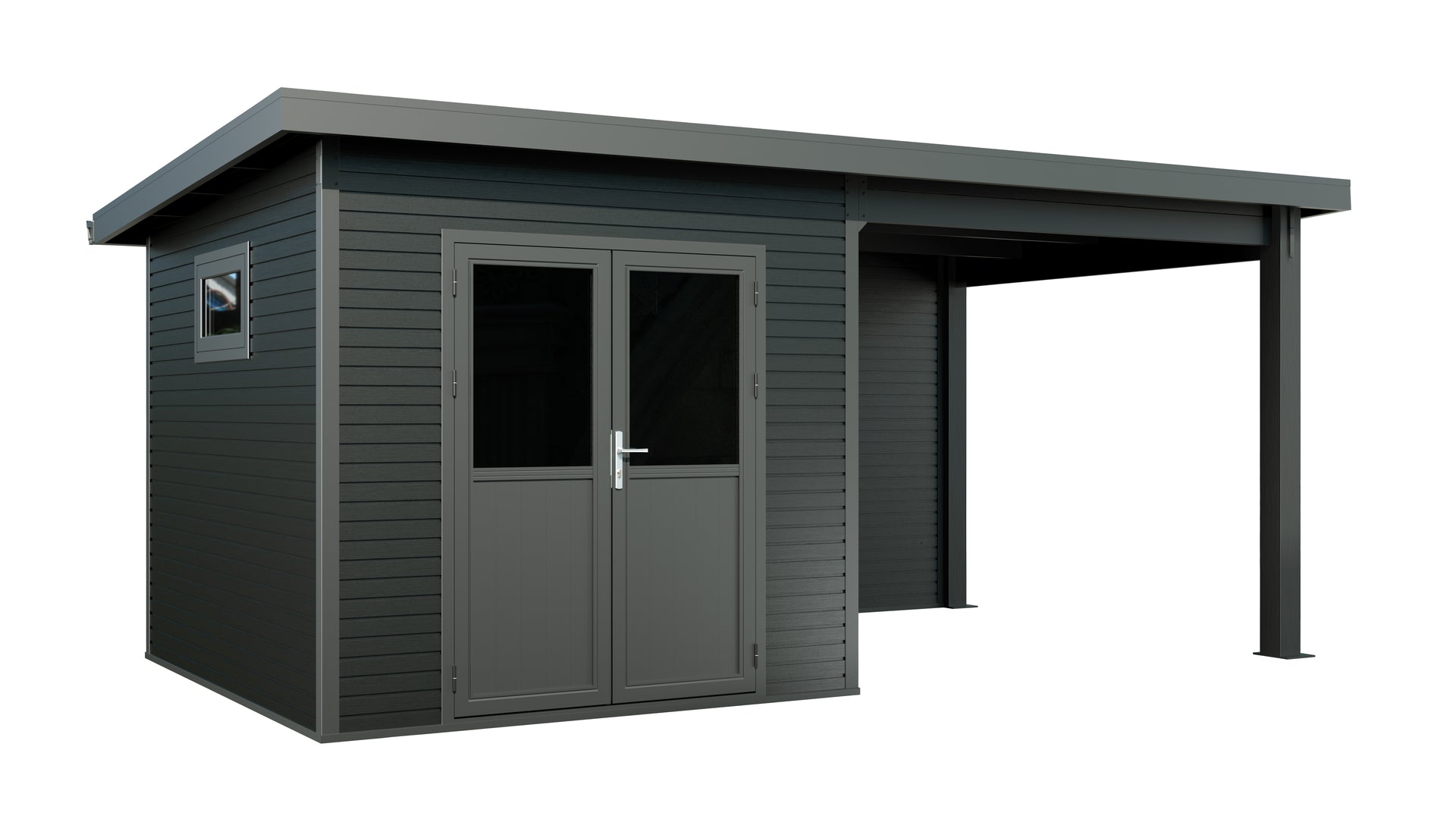 WPC Gartenhaus Linia 5228 mit Anbaudach und Rückwand, inkl. Dachrinnen-Set, Anthrazit