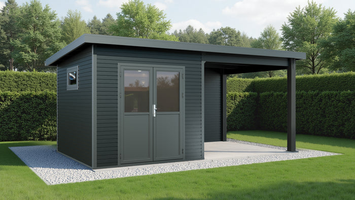 WPC Gartenhaus Linia 5228 mit Anbaudach und Rückwand, inkl. Dachrinnen-Set, Anthrazit