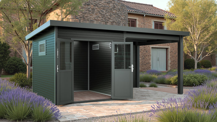 WPC Gartenhaus Linia 5228 mit Anbaudach und Rückwand, inkl. Dachrinnen-Set, Anthrazit