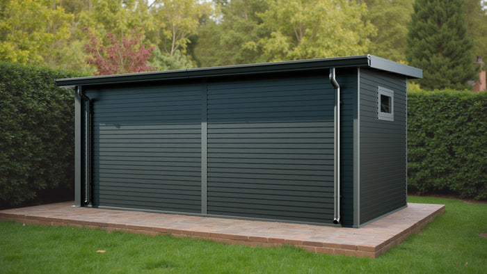 WPC Gartenhaus Linia 5228 mit Anbaudach und Rückwand, inkl. Dachrinnen-Set, Anthrazit