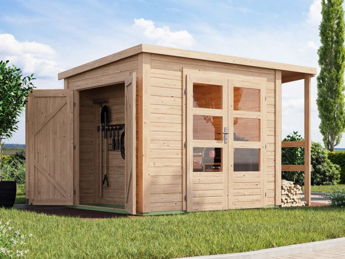 Karibu Multifunktionshaus Pultdach mit Schrank und Anbaudach 28 mm