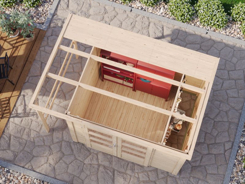 Karibu Multifunktionshaus Pultdach mit Schrank und Anbaudach 28 mm