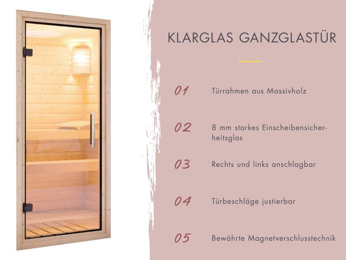 Karibu Saunahaus Caapi 2, inkl. 9 kW Ofen finnisch ext. Steuerung, mit Klarglastür und Fußboden