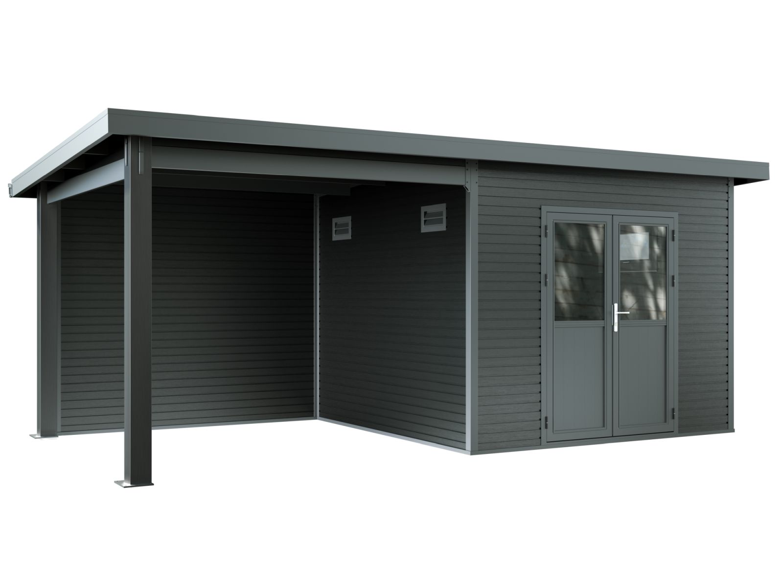 WPC Gartenhaus Linia 5628 mit Anbaudach und Rückwand, inkl. Dachrinnen-Set, Anthrazit