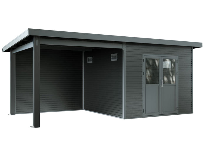 Linholm WPC Gartenhaus Linia 5628 mit Anbaudach und Rückwand, inkl. Dachrinnen-Set, Anthrazit