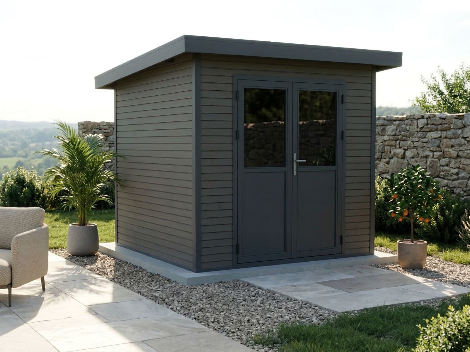 Linholm WPC Gartenhaus Linia 2424 inkl. Dachrinnen-Set, 2-farbig Grau/Anthrazit