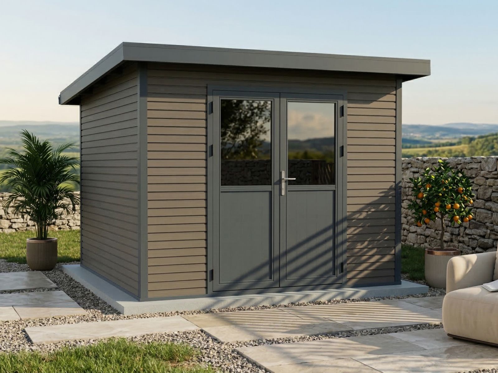 Linholm WPC Gartenhaus Linia 2828 inkl. Dachrinnen-Set, 2-farbig in Grau/Anthrazit