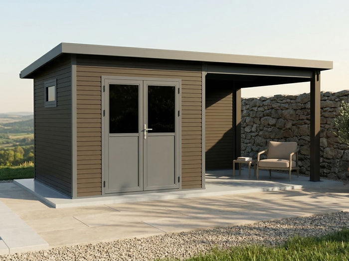 Linholm WPC Gartenhaus Linia 5228 mit Anbaudach und Rückwand, inkl. Dachrinnen-Set, Anthrazit