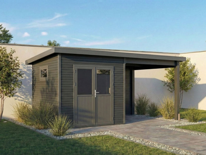 Linholm WPC Gartenhaus Linia 5228 mit Anbaudach und Rückwand, inkl. Dachrinnen-Set, Anthrazit