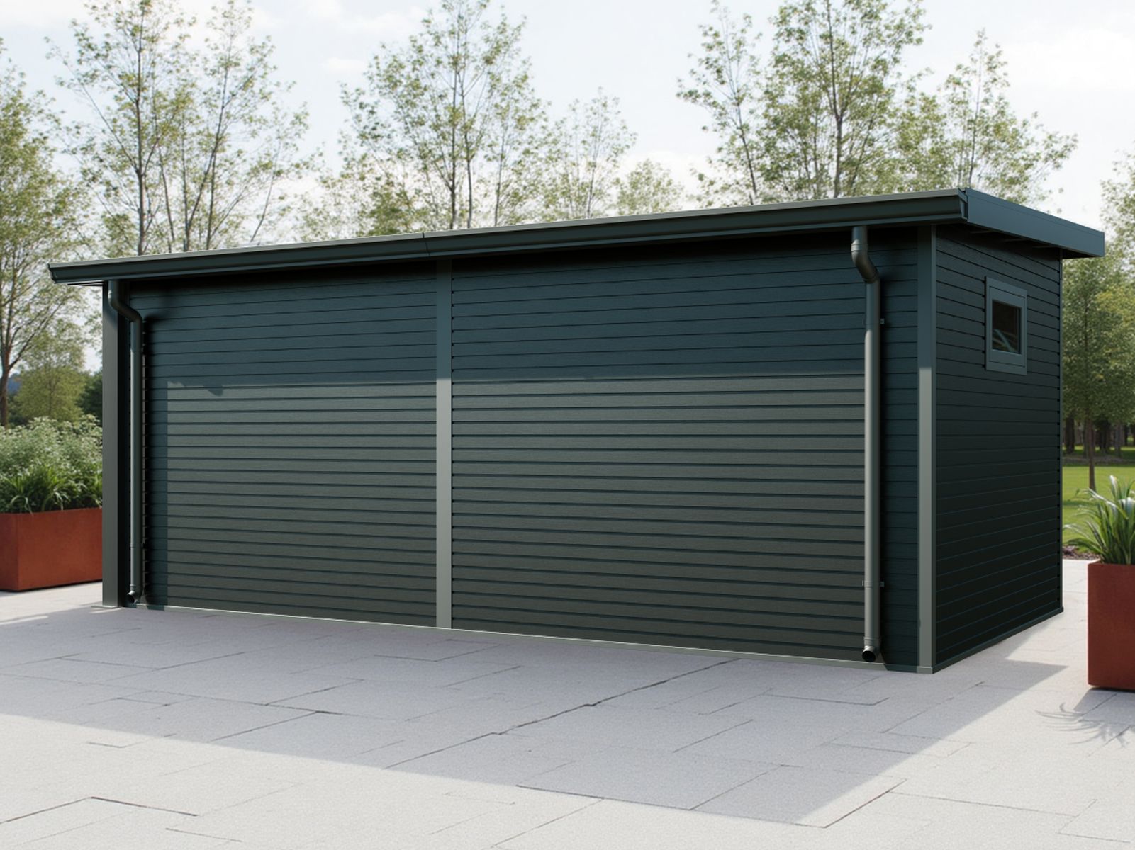 Linholm WPC Gartenhaus Linia 5628 mit Anbaudach und Rückwand, inkl. Dachrinnen-Set, Anthrazit