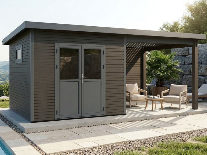 Linholm WPC Gartenhaus Linia 5628 mit Anbaudach und Rückwand, inkl. Dachrinnen-Set, Anthrazit