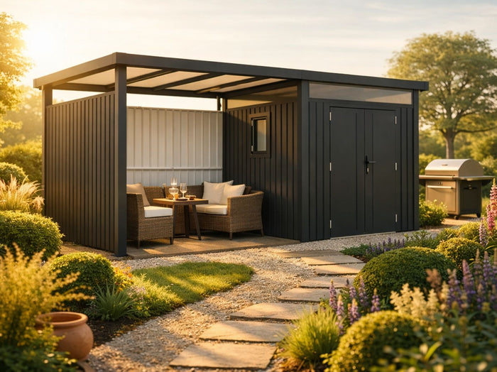 Norlinio Metall Gerätehaus Miro 1 mit Anbaudach und Wandset in Anthrazit