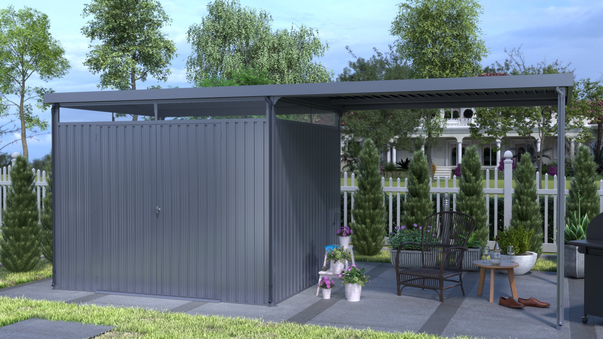 Pergart Gerätehaus Rheinfelden 108 anthrazit matt mit Schleppdach