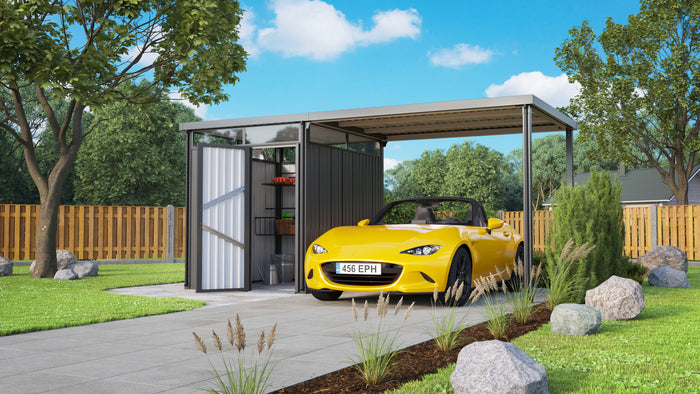 Pergart Gerätehaus Rheinfelden 78 anthrazit matt mit Anbaudach