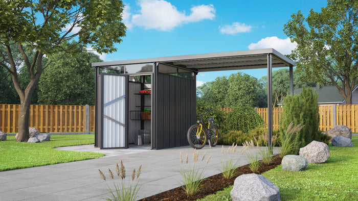 Pergart Gerätehaus Rheinfelden 78 anthrazit matt mit Anbaudach