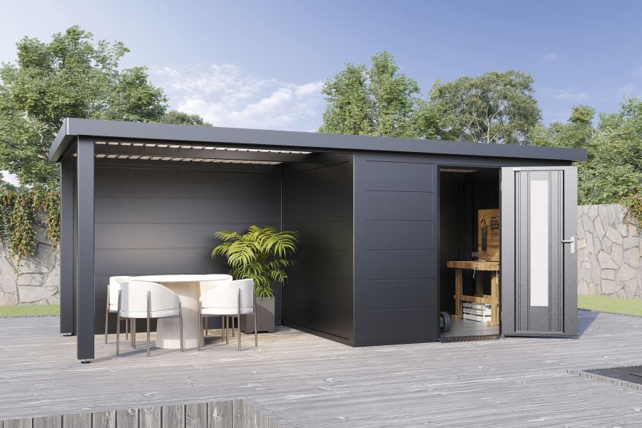 Wolff Finnhaus Metallgartenhaus Thorin 6024, Anthrazit, inkl. Seitendach links, 3 m