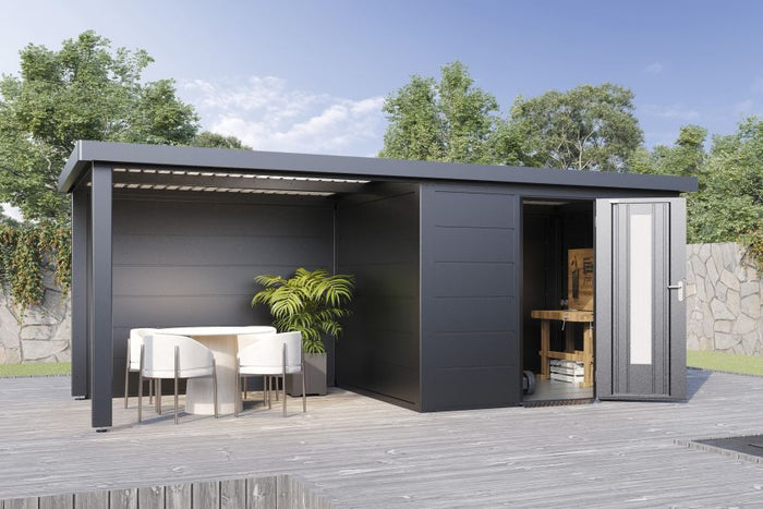 Wolff Finnhaus Metallgartenhaus Thorin 6024, Anthrazit, inkl. Seitendach links, 3 m