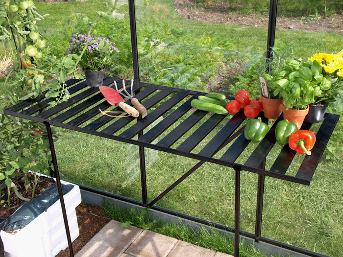 Vitavia Gewächshaus Venus 3800 HKP 6mm Schwarz, im SET, inkl. Fundament, Fensterheber, Regenfallrohr-Set, Aluregal und Alutisch