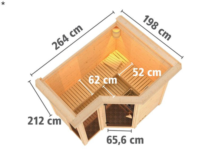 Amara - Karibu Sauna inkl. 9-kW-Ofen - mit Dachkranz -