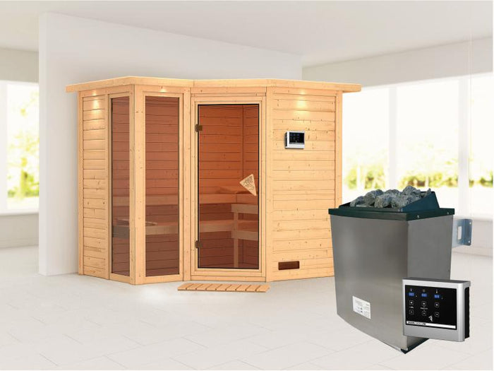 Amara - Karibu Sauna inkl. 9-kW-Ofen - mit Dachkranz -