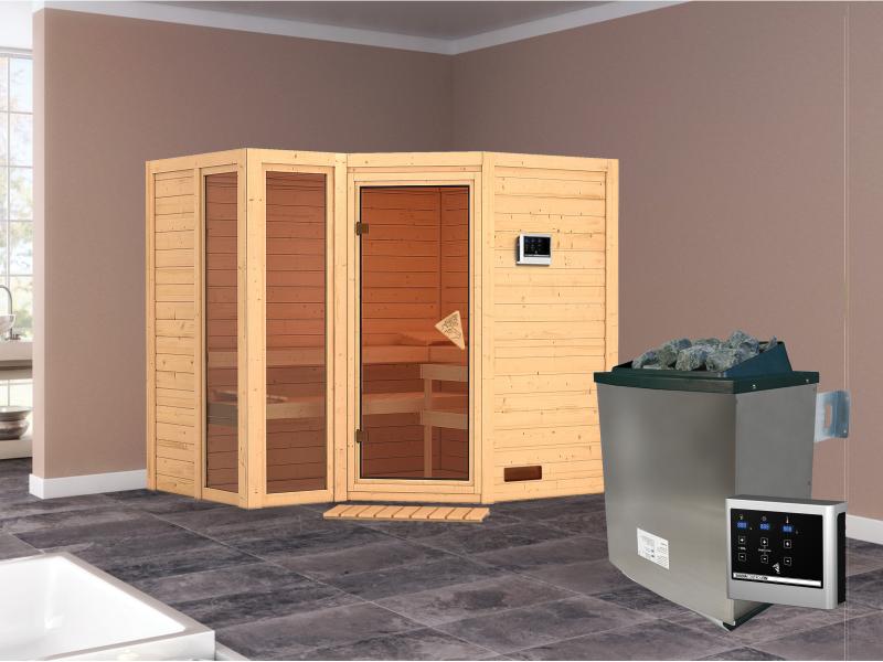 Amara - Karibu Sauna inkl. 9-kW-Ofen - ohne Dachkranz -
