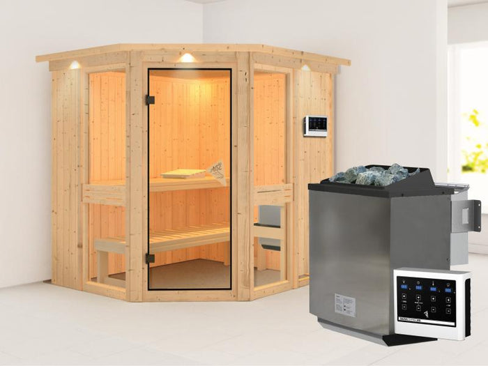 Amelia 1 - Karibu Sauna inkl. 9-kW-Bioofen - mit Dachkranz -