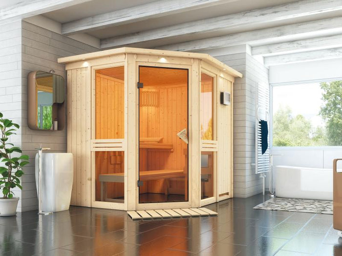 Amelia 1 - Karibu Sauna inkl. 9-kW-Bioofen - mit Dachkranz -
