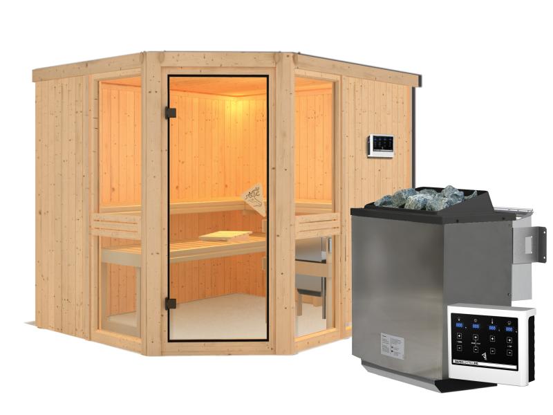 Amelia 3 - Karibu Sauna inkl. 9-kW-Bioofen - ohne Dachkranz -