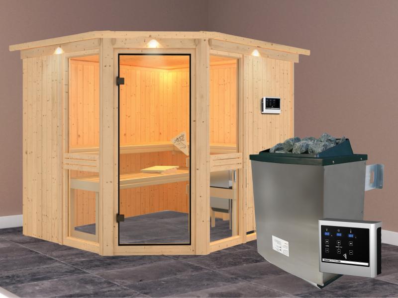 Amelia 3 - Karibu Sauna inkl. 9-kW-Ofen - mit Dachkranz -