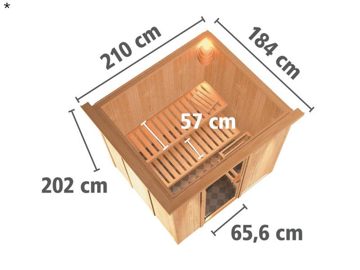 Daria - Karibu Sauna Plug & Play 3,6 kW Ofen, ext. Steuerung - mit Dachkranz - Energiespartür