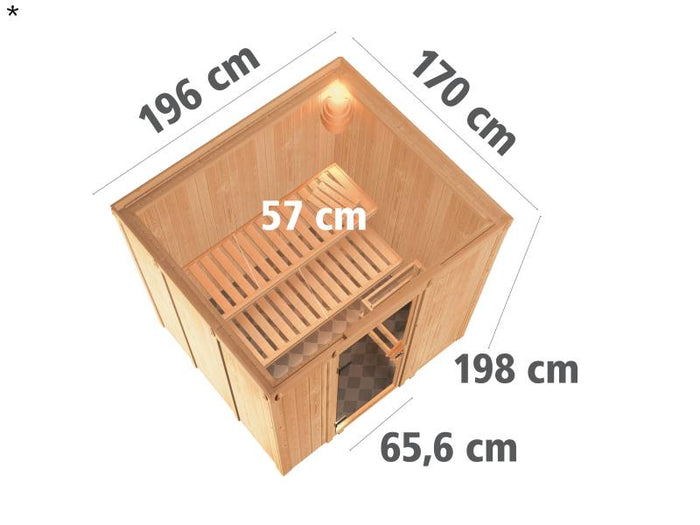Daria - Karibu Sauna Plug & Play 3,6 kW Ofen, int. Steuerung - ohne Dachkranz - Energiespartür