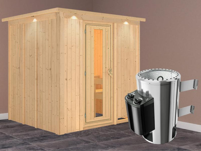 Daria - Karibu Sauna Plug & Play 3,6 kW Ofen, int. Steuerung - mit Dachkranz - Energiespartür