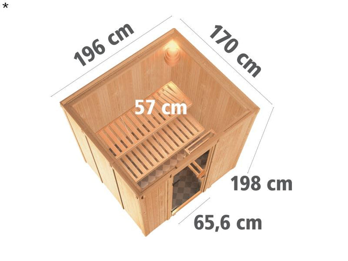 Daria - Karibu Sauna Plug & Play 3,6 kW Ofen, int. Steuerung - ohne Dachkranz - Moderne Saunatür