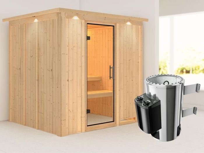 Daria - Karibu Sauna Plug & Play 3,6 kW Ofen, int. Steuerung - mit Dachkranz - Klarglas Ganzglastür