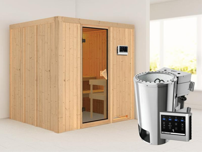 Daria - Karibu Sauna Plug & Play inkl. 3,6 kW-Bioofen - ohne Dachkranz -