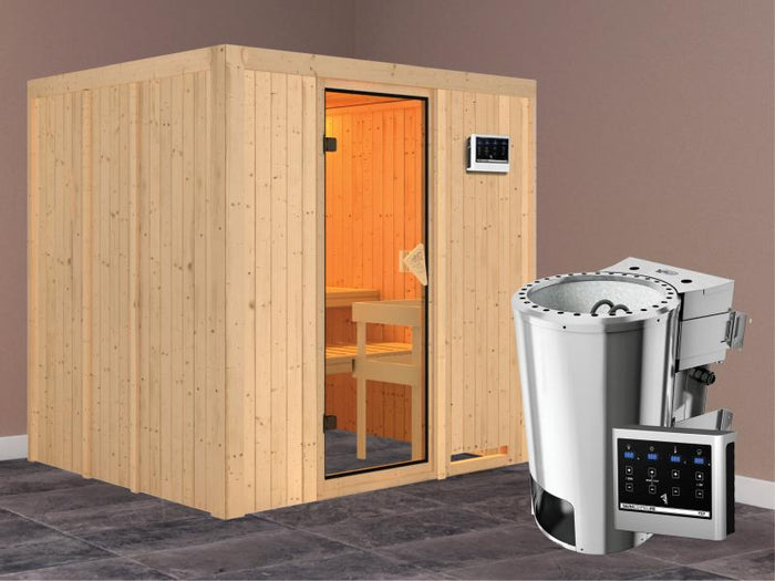 Daria - Karibu Sauna Plug & Play inkl. 3,6 kW-Bioofen - ohne Dachkranz -