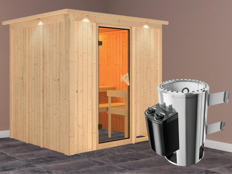 Daria - Karibu Sauna Plug & Play inkl. 3,6 kW-Ofen- mit Dachkranz -