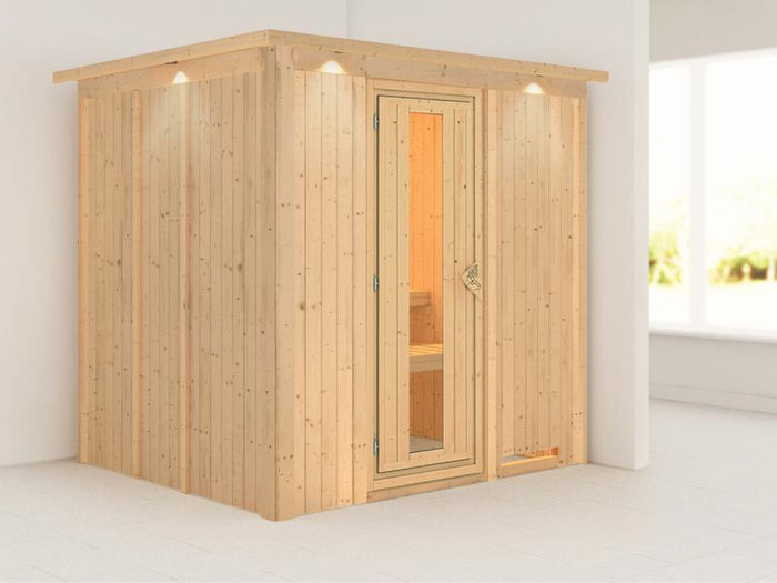 Daria - Karibu Sauna Plug & Play ohne Ofen - mit Dachkranz - Energiespartür