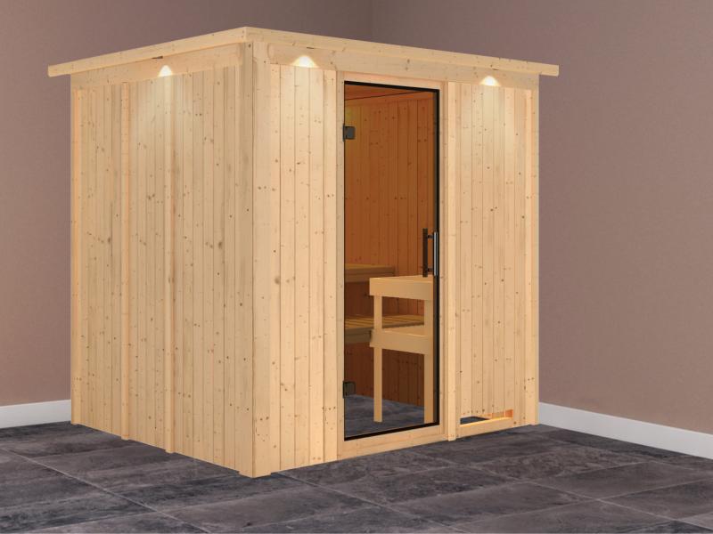 Daria - Karibu Sauna Plug & Play ohne Ofen - mit Dachkranz - Moderne Sauantür