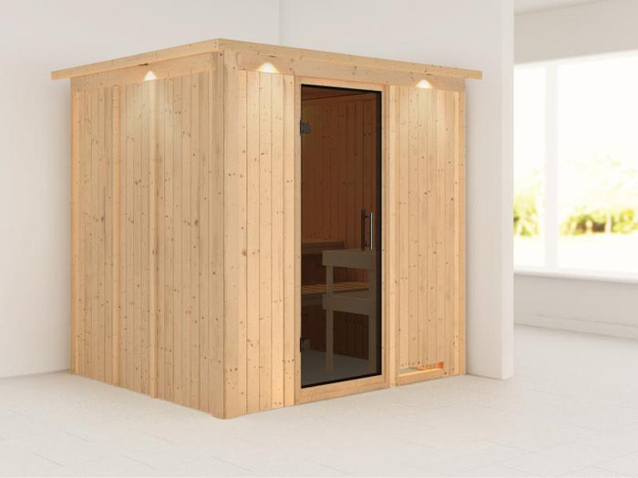 Daria - Karibu Sauna Plug & Play ohne Ofen - mit Dachkranz - Moderne Sauantür