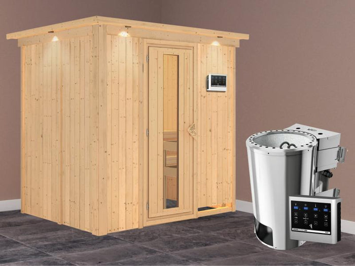 Fanja - Karibu Sauna Plug & Play 3,6 kW Bio Ofen, ext. Steuerung - mit Dachkranz - Energiespartür