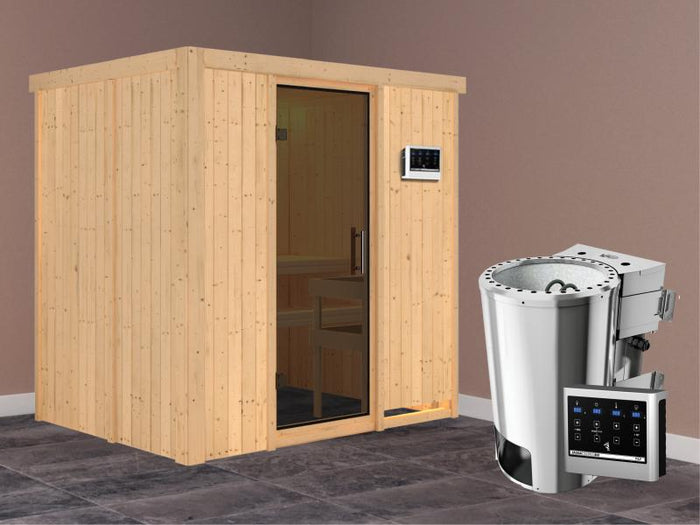 Fanja - Karibu Sauna Plug & Play 3,6 kW Bio Ofen, ext. Steuerung - ohne Dachkranz - Moderne Saunatür