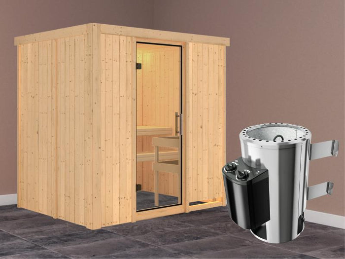 Fanja - Karibu Sauna Plug & Play 3,6 kW Ofen integr. Strg - ohne Dachkranz - Klarglas Ganzglastür