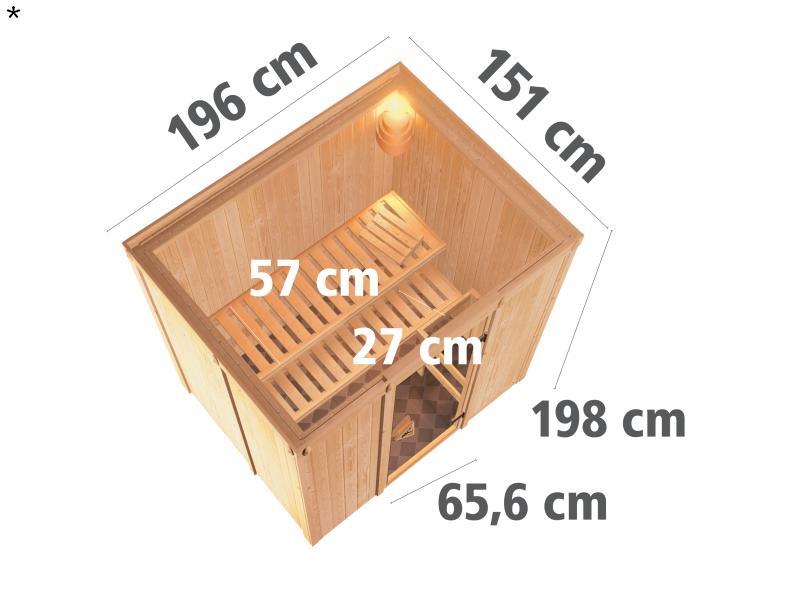 Fanja - Karibu Sauna Plug & Play 3,6 kW Ofen integr. Strg - ohne Dachkranz - Klarglas Ganzglastür