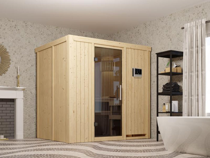 Fanja - Karibu Sauna Plug & Play 3,6 kW Ofen, ext. Steuerung - ohne Dachkranz - Moderne Saunatür
