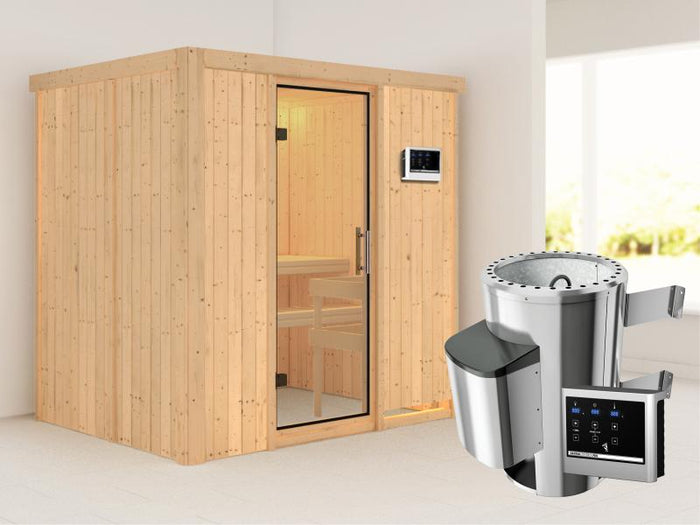 Fanja - Karibu Sauna Plug & Play 3,6 kW Ofen, ext. Steuerung - ohne Dachkranz - Klarglas Ganzglastür